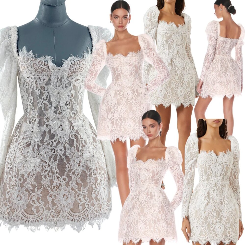 🆕 BRONX & BANCO 🧿 NWOT Colette Lace Long Sleeve Mini Dress, White Sz XS / US 2